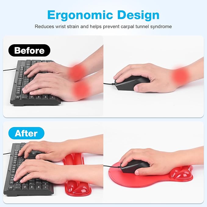Gel Wrist Rest Mouse Pad Set, Ergonomic Support for Office Gaming | Ergonomic Keyboard and Mousepad with Wrist Support,Cooling Comfort, Non-Skid Base, Easy Clean, for Home and Work Desk Red