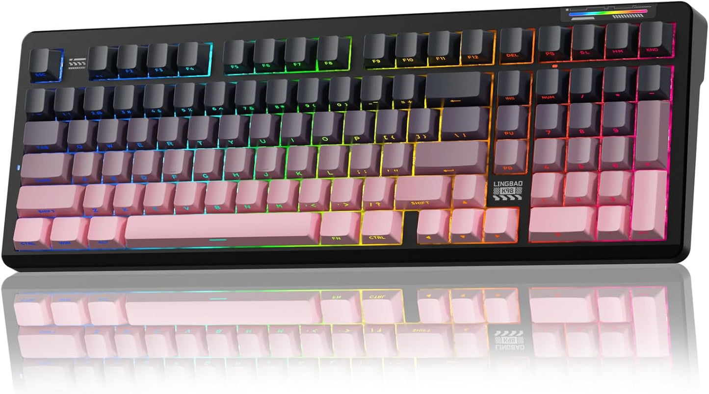 LINGBAO K98 Wireless Mechanical Gaming Keyboard, 10000mAh Battery Tri-Mode BT5.0/2.4GHz/USB-C, Gasket Custom Hot-Swappable Linear Switches Mechanical Keyboards, RGB Backlit Keyboard for PC Laptop