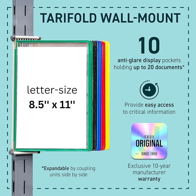 Tarifold 10 Pocket Wall Mount Reference System, Expandable, Assorted Colors | 10 PVC pockets hold 20 letter-size sheets, metal wall bracket, index tabs, easy to install
