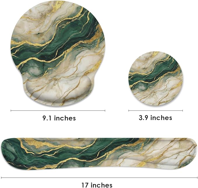 Ergonomic Mouse Pad Set with Wrist Rest, Gold Green Marble | Abstract Non-Slip Rubber Base Wrist Cushion Support and Coasters Mousepad with Wrist Support for Computer Keyboard