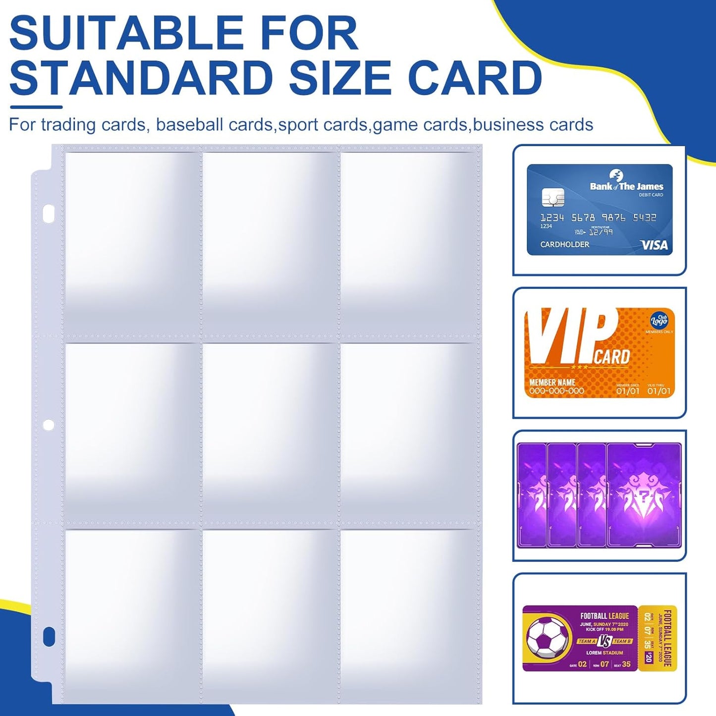 1080 Pockets Card Sleeves Binder Sheets, 9 Pocket Card Sleeves for 3 Ring Binder, Trading Cards Sleeves Fit for Baseball, Football, Game, Business Cards(60 Pages)