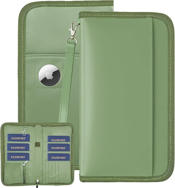 GOAUS Passport Holder for Travel with AirTag Slot, for Family of 4 to 6 | Multiple, Travel Document Organizer, Cards Cash Pockets, RFID Blocking, Waterproof, Gifts, Faux Leather, AirTag Not Included