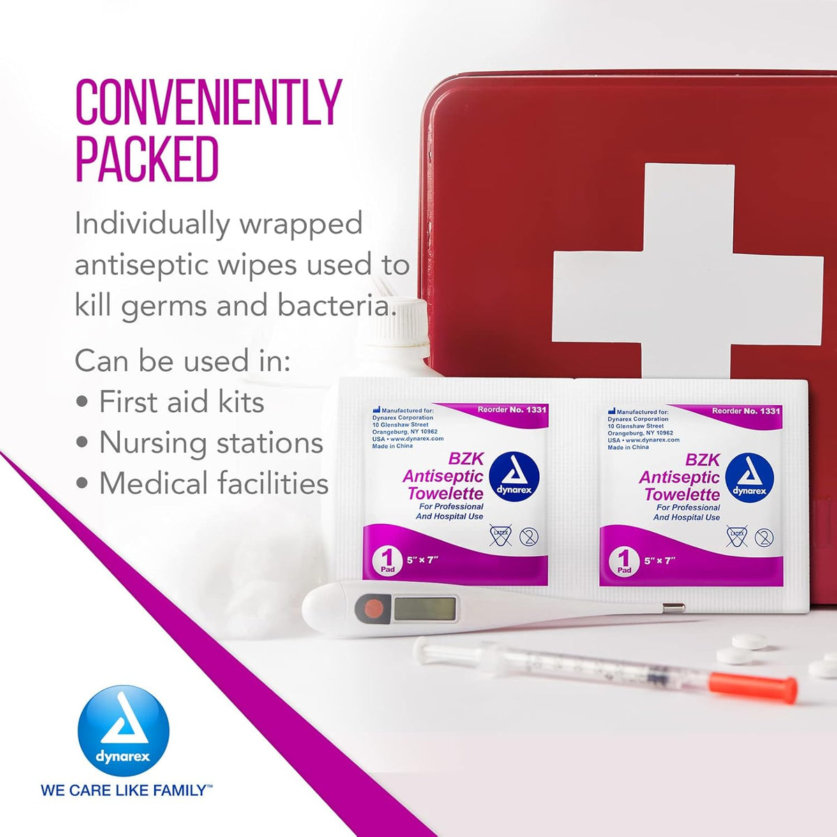 Dynarex BZK Antiseptic Towelettes - 5"x7" - Benzalkonium Chloride, Hand Sanitizing Wipes or First Aid Wound Wipes, 1 Case of 1000 (Packaging May Vary)