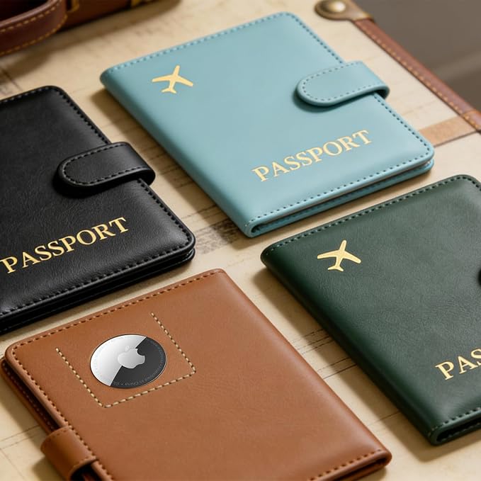 Passport Holder with AirTag Slot, Travel Passport Book Wallet | RFID Blocking, PU Leather, Cards Pocket, Cash Pocket, Passport Case, Women Men Travle Gifts, Travel Essentials