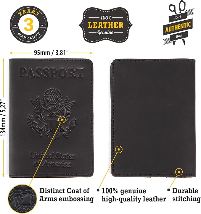 US Leather Passport Book Cover - Thin American Travel Passport Holder - Premium International USA Passport Protector Case for Women Men (Black Vintage)