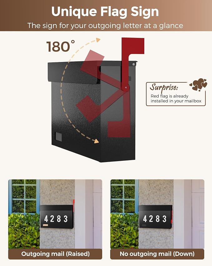 Modern Mailboxes for Outside, Metal Wall Mount Mailbox, with One Flag Kit and Three Sets of Mailbox Number Stickers, 3.9" D×14.2" W×10.2" H, Rust Resistant Coating Mail Boxes for House, Black AMB07B