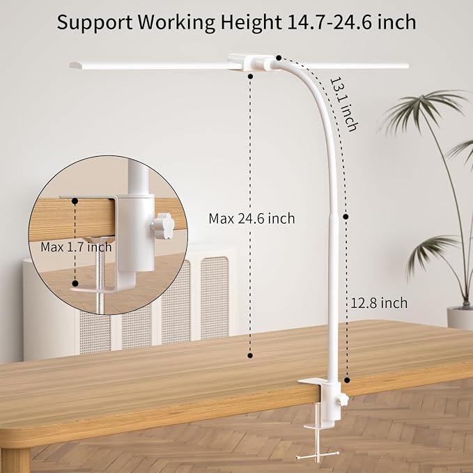 LED Desk Lamp with Clamp, Double Head for Dual Screen, 4 Color Modes,White | Eye-Caring 1200LM Desk Lights for Home Office Monitor Computer Workbench,3000-6000K Dimmanle Table Lamp Memory & 30-Min Timer