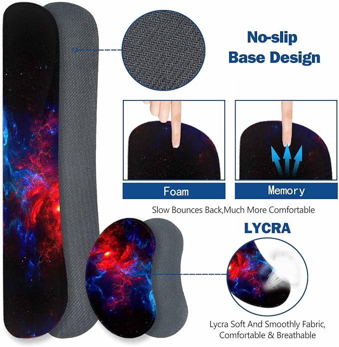 ToLuLu Extended Gaming Mouse Pad, Memory Foam Ergonomic Keyboard Mouse Wrist Rest Support Set, Large Desk Mat with Stitched Edges, Non-Slip Base Mousepad for Home Office and Game, Blue Red Galaxy
