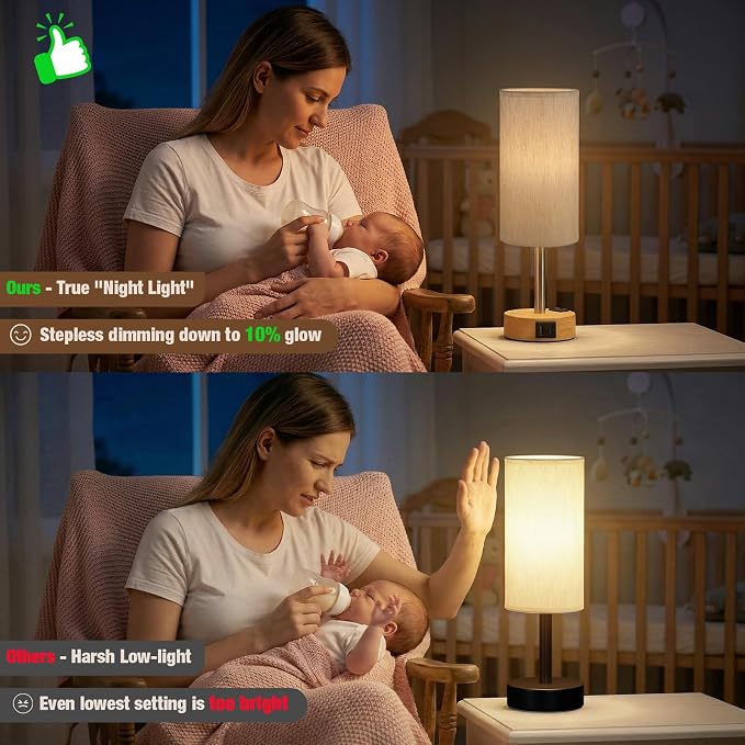 Touch Bedside Table Lamp for Bedroom, Stepless Dimmable, USB A+C, AC Outlet | Base Touch Button Only, Memory Brightness, Ultra-dim Night Light, Included Bulb for Optimal Dimming, Wood Grain Base, Nursery