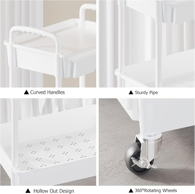 3 Tier Rolling Utility Cart with Drawer, Plastic Storage Organizer Rolling Carts with Wheels Handles Hanging Cups Hooks for Office, Bathroom, Kitchen,Craft Art Room (White)