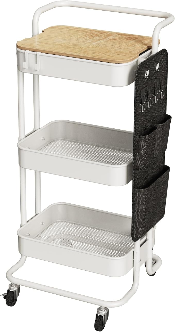 DTK 3-Tier Rolling Cart with Table Top, Metal Utility Cart with Side Bags | Tray Storage Organizer, Lockable Wheels, 4 Hooks, Art Cart for Kitchen, Bathroom, Office, Craft room, Living room, White