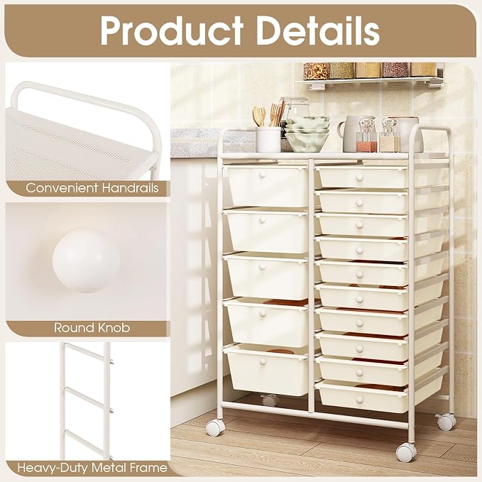 COSTWAY 15 Drawer Rolling Storage Cart, Mobile Storage Organizer | Removable Drawers & Metal Frame, Multipurpose Utility Tools Paper Organizer on Wheels for Home, Office (White)