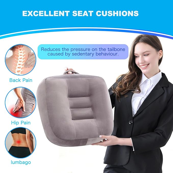 Extra Thick Seat Cushion, Large Chair Cushion Booster for Office Chair to Rise Height, Velvet Cover with Handle and Anti-Slip Bottom, PP Cotton Filling - Relieves Back Pain - 18"X16"X6" Grey