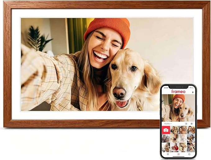 Digital Picture Frame, 15.6 Inch Frameo Digital Frame WiFi, 1920 * 1080 IPS FHD Touchscreen, 32GB, Tabletop&Wall-Mounted, Share Picture Video, Large Electric Photo Frame, Mom Gifts, Teak Woodgrain