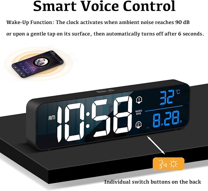 Digital Clock, Large Display LED Alarm Clock for Living Room Bedroom Office, Rechargeable Wall Clock, Sound-Activated, Snooze, Date & Temp Display, 40 Tones, 2 Alarms, 4 Volume, 5 Brightness Dimmer