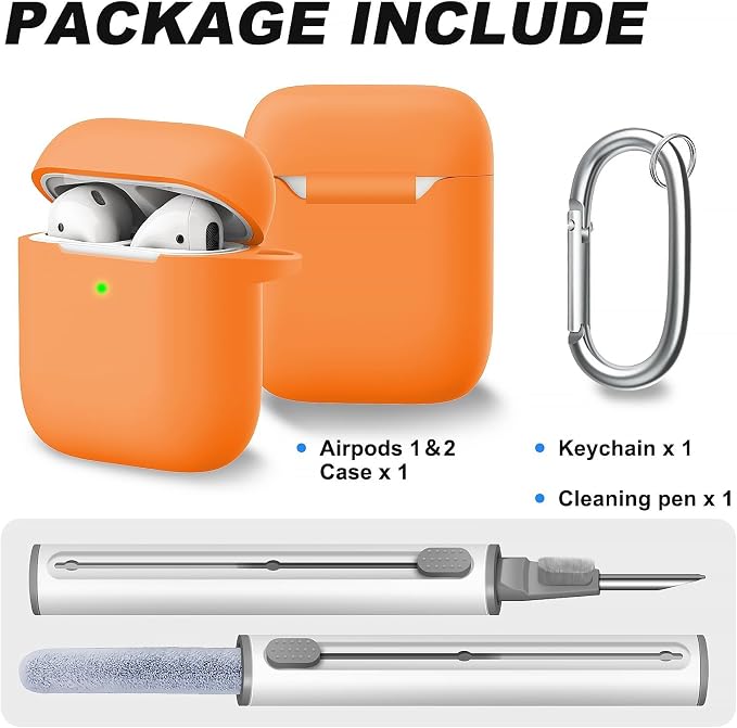 for AirPods Case Cover, Come with Cleaner Kit, Soft Silicone Protective Cover with Buckle, Compatible with Apple AirPods 2nd 1st Generation Charging Case, Front LED Visible, Luminous Orange
