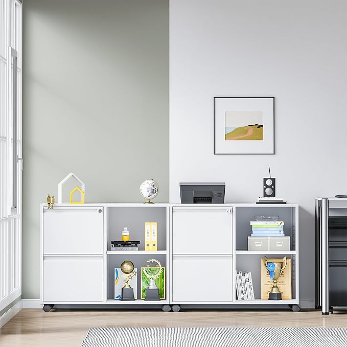 2-Drawer Metal File Cabinet with Lock, Mobile Lateral Filing Cabinet, Printer Stand with Adjustable Storage Shelves for Home Office (White)