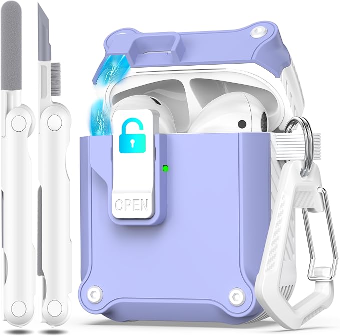 R-FUN for AirPods 2 Case Cover with Lock Magnetic Lid, White/Lavender | Compatible with Apple AirPods 2 and AirPods(2016), Case with Cleaner Kit & Keychain, Powerful Drop Protection
