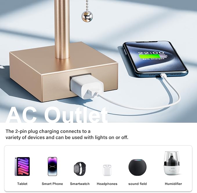 Bedside Lamp for Bedroom Set of 2 - Gold Table Lamp for Nightstand | AC Outlet, 3 Color Temperatures, LED Bulb Included, Pull Chain Design, 14" Rectangular Desk Lamp for Dorm/Office, 2-Pack