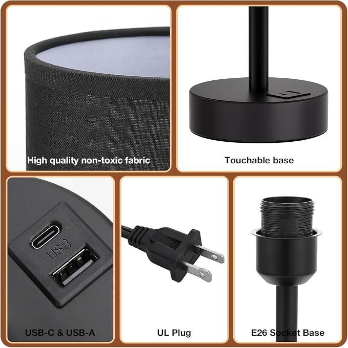 Dicoool Bedside Table Lamp for Bedroom - 3-Way Dimmable Touch Lamp, USB A+C | LED Bulb Included, 14" Small Nightstand Lamp for Desk, Living Room, Guest Room, Black Fabric Lampshade, Black Metal Base