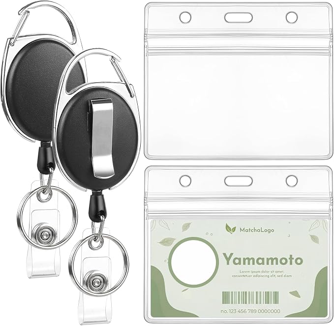 2 Pack ID Badge Holder with Badge Reels Retractable Clip Heavy Duty Horizontal Clear ID Card Badge Holders for Work Office Student Nurse