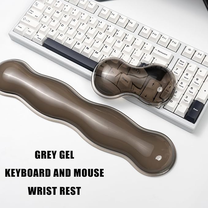 Ergonomic Silicone Gel Keyboard and Mouse Wrist Rest Set – Clear Wrist Rest for Keyboard 60%/68%/75%, Comfort & Support for Typing and Gaming(Grey)