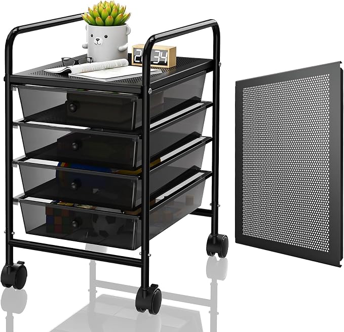 Rolling Storage Cart with Drawers 4-Tier Office Transparent Black | Utility Cart with 4 Drawers & 2 Lockable Caster Wheels, Multipurpose Mobile Drawer Cart for School Bathroom Kitchen
