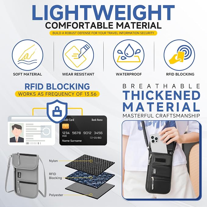 RFID Blocking Passport Holder for Travel Neck Wallet with Adjustable Lanyard 6 Compartments Pouches Passport Wallet for Family (Grey)