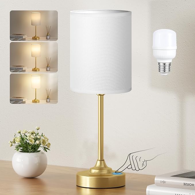 Gold Nightstand Bedroom Lamp - 3 Way Dimmable Bedside Lamp, Small Table Lamp Linen Lampshade for Office Desk, LED Bulb Included