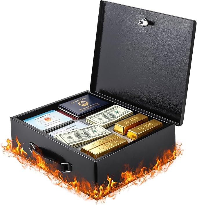 Fireproof Document Box with Key Lock, Fire Resistant Safe Box | Small Lock Boxes for Personal Items, Documents, Jewelry, Passport, Cash13.2"x11"x4.13" Black