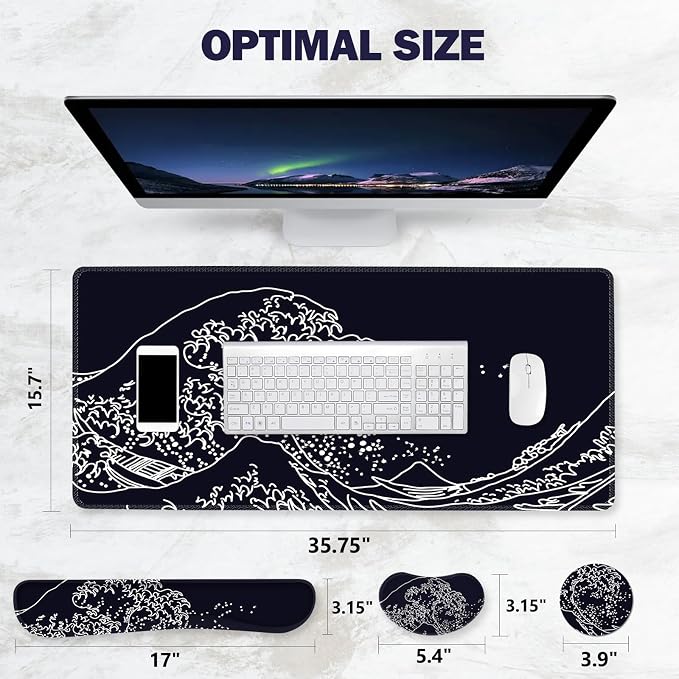 ToLuLu Extended Gaming Mouse Pad, Memory Foam Ergonomic Keyboard Mouse Wrist Rest Support Set, Large Desk Mat with Stitched Edges, Non-Slip Base Mousepad for Home Office Game, Black Wave of Kanagawa