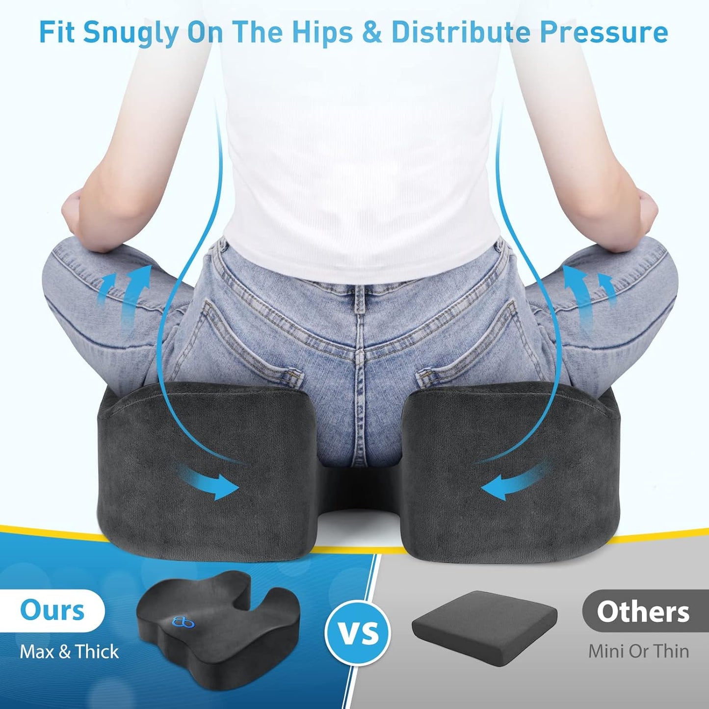 BlissTrends Seat Cushion,5.2in Thick Memory Foam Cushions for Office Chair, Car Seat, Airplane, Relieving Pressure Tailbone Sciatica Back Pain for Long Sitting Office Workers, Car Drivers Grey