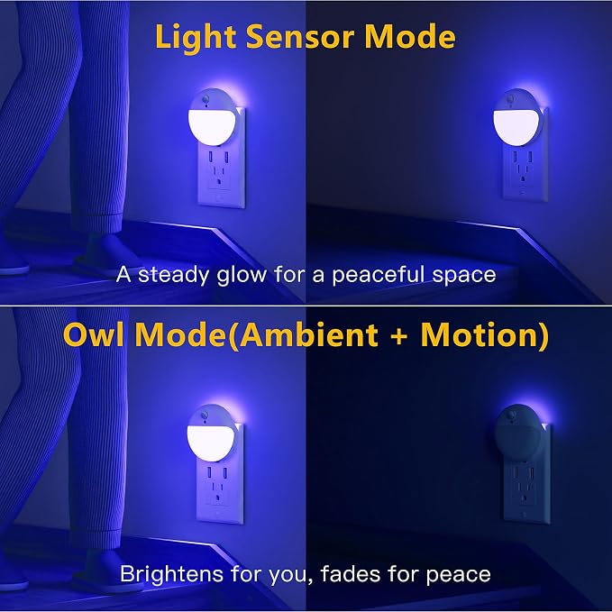 YUNLEX 2 Pack Plug in Night Light with Motion Sensor and Dusk to Dawn Sensor, Stepless Dimming, Blue LED Nightlight with 3 Lighting Ways for Bathroom, Bedroom, for Girls, Boys, Adults