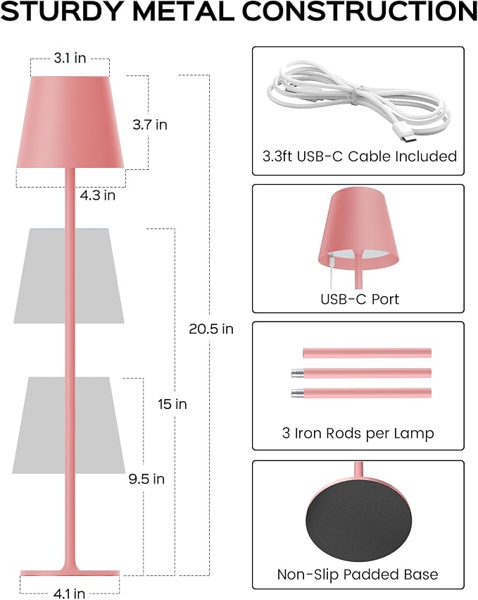 JACKYLED Cordless Table Lamps Rechargeable, 3 Adjustable Height, 5000Capactiy Opwer Operated, 3 Colors Smooth Dimming, Portable LED Waterproof Table Lamp for Dining, Bedroom, Outdoor ((2 Pack Pink)
