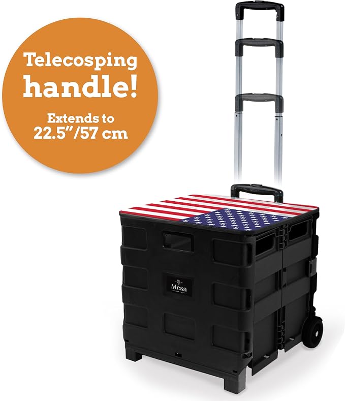 Collapsible Ultra-Slim Pack-N-Roll,2 Wheel Utility Cart w/Lid Used as Seat up to 250 Lbs, Telescopic Handle, Super Strong, for Home,Garden,Shopping,Office,School, Large, American Flag