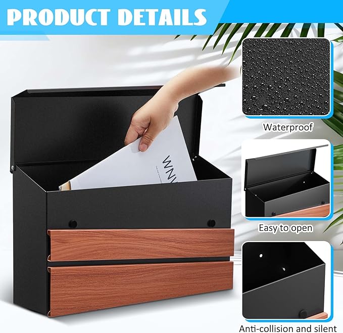 Yaocom Wall Mount Mailbox Large Capacity Mailbox for Outside Galvanized Steel Rustproof Metal Mail Drop Post Modern Collection Box Postbox 15.75" x 9.84" x 4.33", No Key Locking (Wood Color,No Flag)