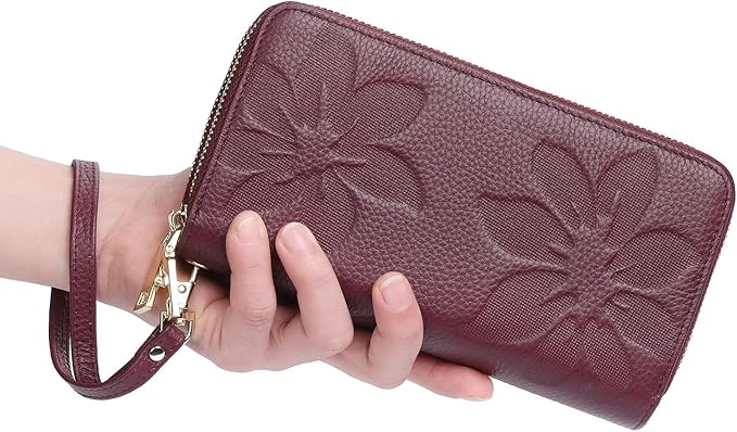 GOIACII Women's Wallet Large Capacity Double Zip Ladies Card Phone Holder RFID Blocking Wristlet Leather
