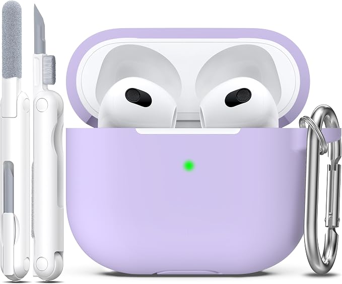 R-fun Compatible with AirPods 3 Case Cover, Silicone Protective Accessories Skin with Keychain Compatible with Apple AirPod 3rd Generation 2021 for Women Men Girls Boys,Front LED Visible,Banana violet