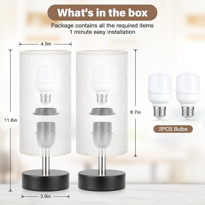 Small Table Lamps for Bedroom set of 2 - Touch Lamps with 3 Way Dimmable | Two LED Bulb Included | USB C and A Ports | Cream Shade and Black Base | Bedside Lamp for Nightstand