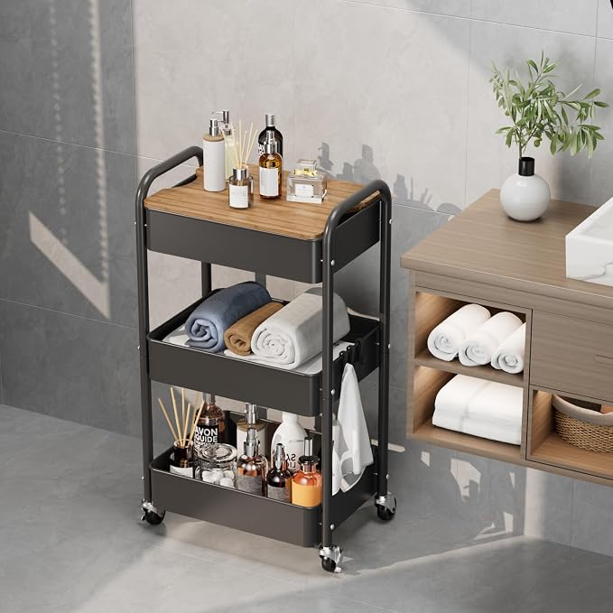 3-Tier Rolling Cart with Table Top, Metal Utility Cart on Wheels | Sturdy Storage Organizer Cart with Lockable Wheels&Hooks for Craft, Office, Classroom, Kitchen and Bathroom, Black