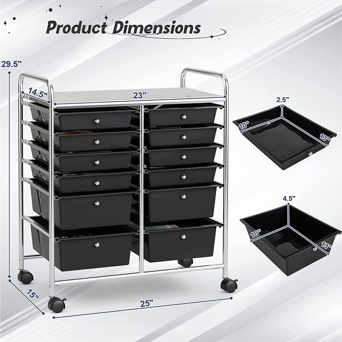 COSTWAY 12-Drawer Rolling Storage Cart, Moveable Art Craft Organizer | Lockable Wheels, Metal Shelf, Files Arrangement Tools Makeup Storage Cart for Office, Home, School (Black)