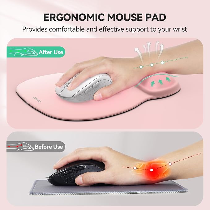 TECKNET Gel Ergonomic Mouse Pad with Wrist Rest, Non-Slip PU Base, Pink | Comfortable Gel Cushion, Pain Relief, Smooth and Waterproof Surface, Mouse Pad with Wrist Rest for Office, Gaming and Study