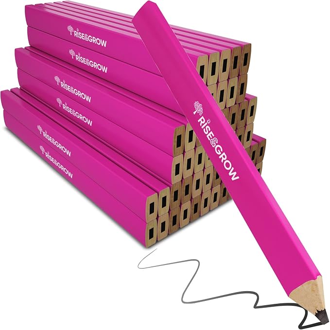 Rise & Grow 50 Set, Neon Pink Carpenters Pencils Bulk 7” – HB Lead Flat Construction Pencils for Men and Women - Woodworking Pencil for Marking Wood, Concrete and Plastic (Pink)