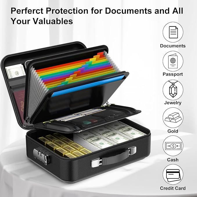 Fireproof Document Box with Lock, Hard Fireproof Document Organizer | Hard-Shell Fireproof Waterproof Documennt Box with Combination Lock Black