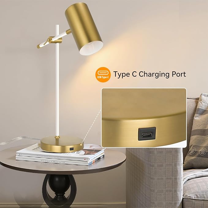 Modern White and Gold Desk Lamp with Type C Charging Port, Minimalist Industrial Table Lamp with Swing Arm, for Study Room Home Office Bedroom Bedside Nightstand