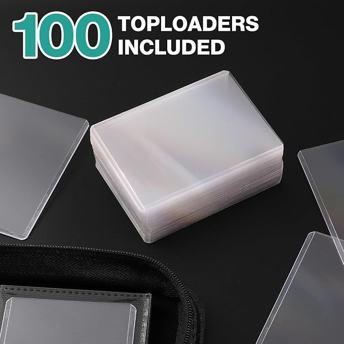 Toploader Binder, Holds 160 Toploaders, 100 Toploaders INCLUDED, 4-Pocket PU Cover Top Loader Binder for 3" x 4" Rigid Toploader, Ringless Double-Sided Toploader Card Binder for TCG, Sport Cards