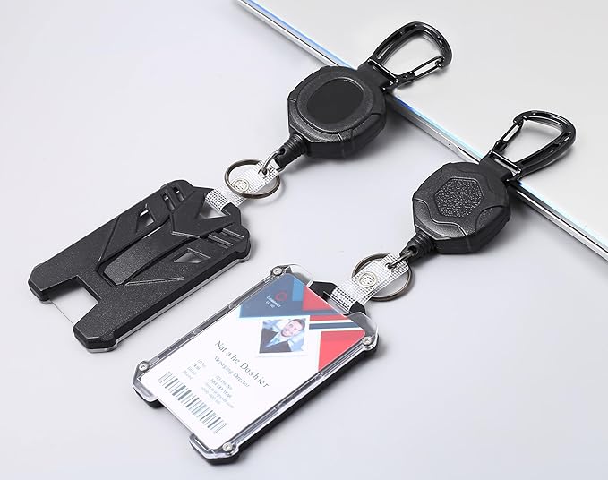 Badge Holder Retractable Clip Heavy Duty Carabiner Badge Reel Keychain with Id Cards Holder Cool Tactical ID Holder (2 Holders and 2 Badge Reels Black # 03)