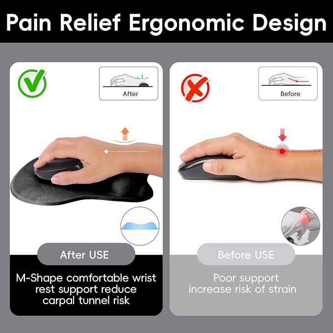 Mouse Pad with Wrist Rest Ergonomic Mouse Pad with Comfortable M-Shape Pain Relief Wrist Support Non-Slip PU Base Mousepad for Laptop, Office & Home (Black)