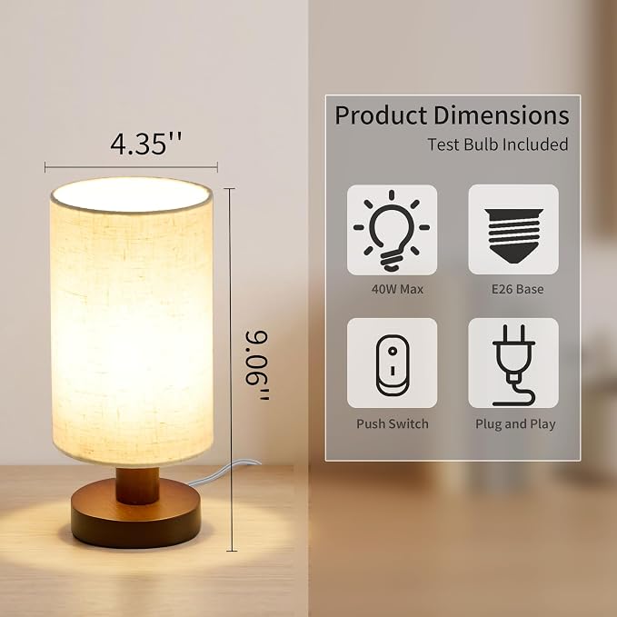 Bedside Lamps Set of 2, Bamboo Small Table Lamp for Nightstand | 10'' Minimalist Nightstand Lamps for Bedroom, Modern Desk Lamp for Living Room, E26, Walunt, Linen Shade