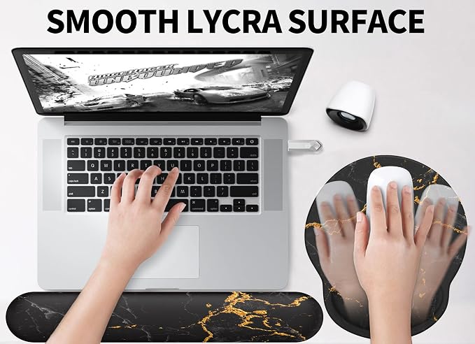 Mouse Pad Wrist Support, Ergonomic Memory Foam Keyboard Wrist Pad & Gel Wrist Rest Set for Computer Keyboard for Easy Typing & Pain Relief for Office & Home (Black Marble Set)